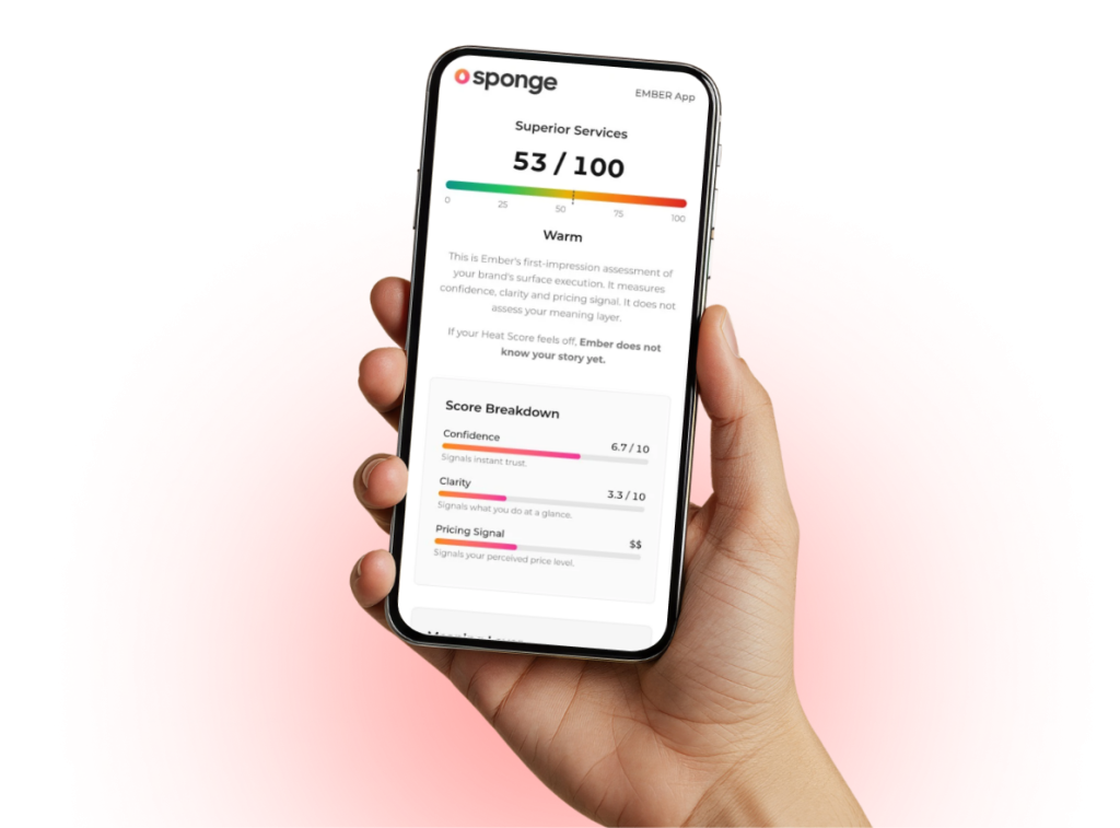 Ember brand check by Sponge — free three-minute diagnostic showing how your brand pulls and pushes