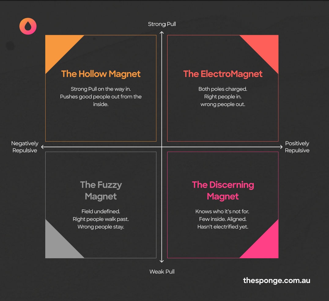 Quadrant diagram showing four brand magnet types: The Hollow Magnet, The ElectroMagnet, The Fuzzy Magnet, and The Discerning Magnet, mapped against pull strength and positive or negative repulsion